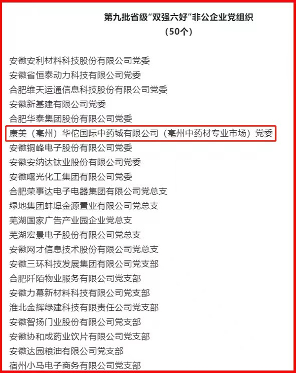 喜報！康美（亳州）中藥城黨委獲評安徽省級“雙強六好”非公企業黨組織